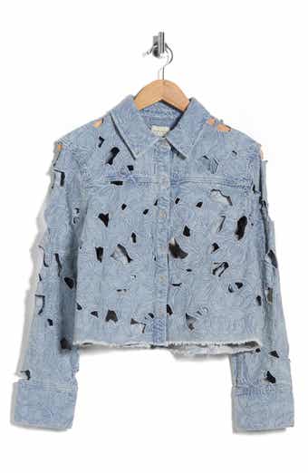 Alice + Olivia Embroidered Cutout Floral Denim Crop Shirt Jacket
