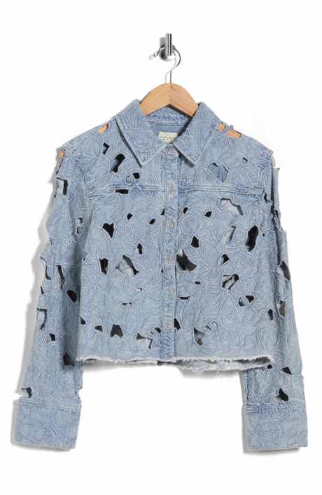 Alice + Olivia Embroidered Cutout Floral Denim Crop Shirt Jacket