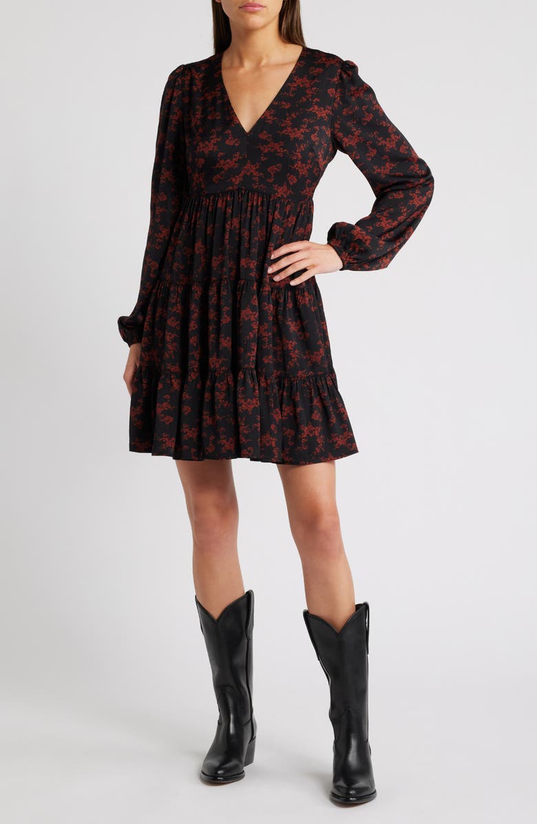 Treasure & Bond V-Neck Long Sleeve Satin Minidress, Main, color, Black- Rust H Abstract Bouquet