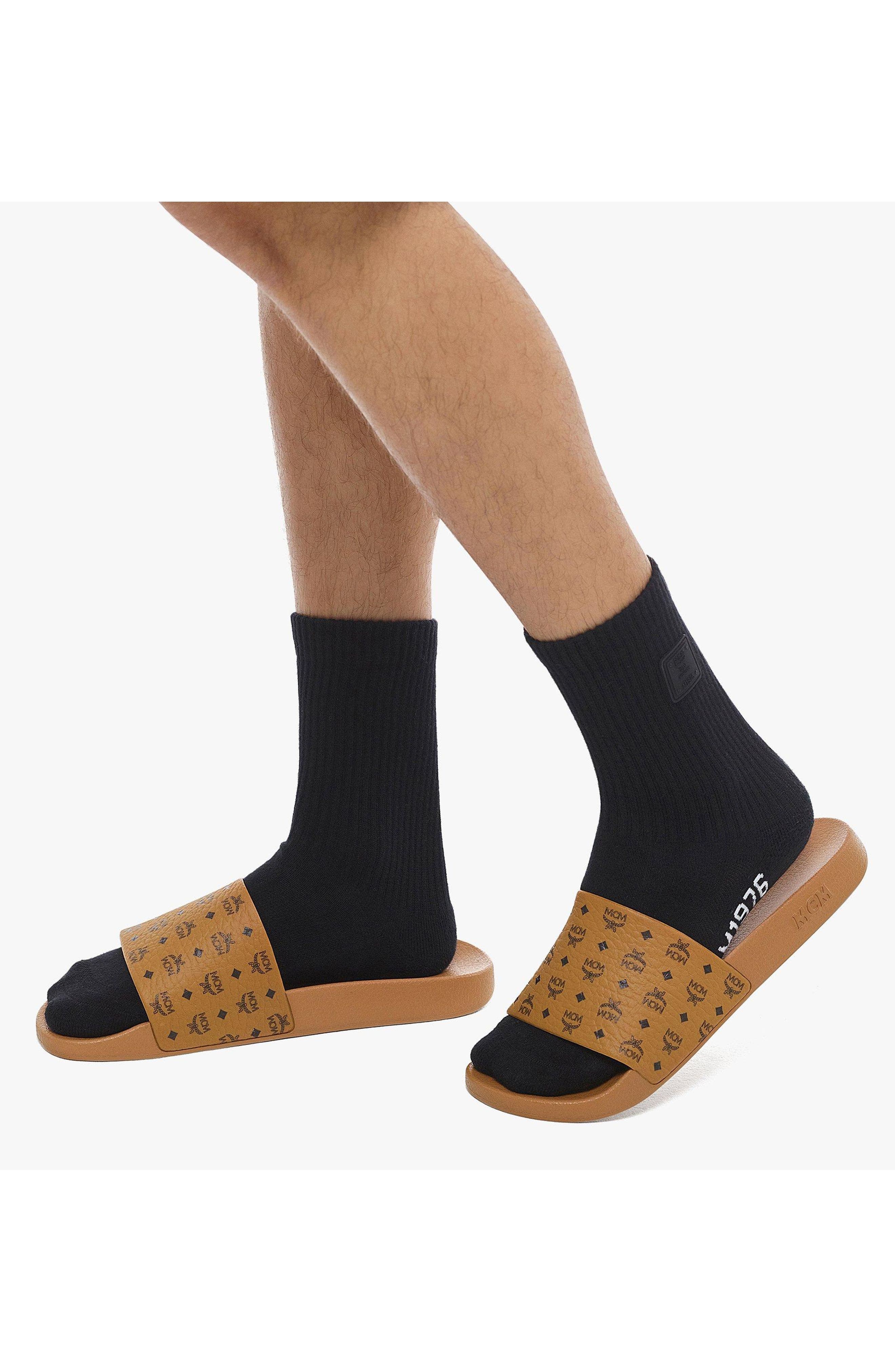 MCM Male Monogram Print Rubber Slides, Alternate, color, Cognac