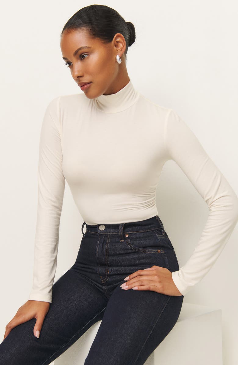 Reformation Nell Turtleneck Jersey Top, Alternate, color, Horchata