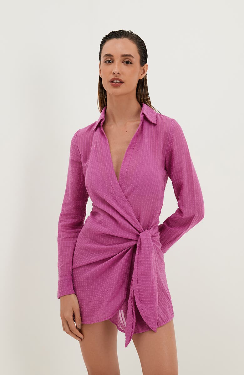 ViX Paula Hermanny Lia Long Sleeve Cotton Seersucker Cover-Up Wrap Dress, Alternate, color, Pink