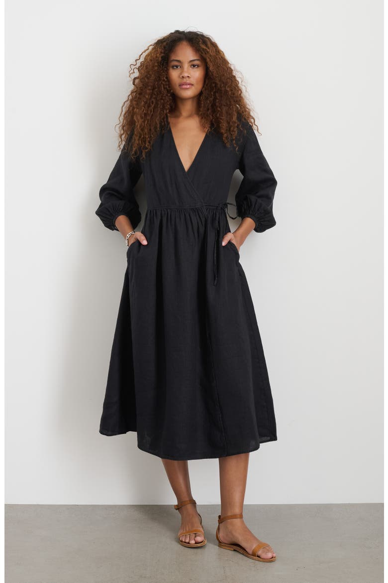 Lauren Long Sleeve Linen Wrap Dress, Alternate, color, RICH BLACK