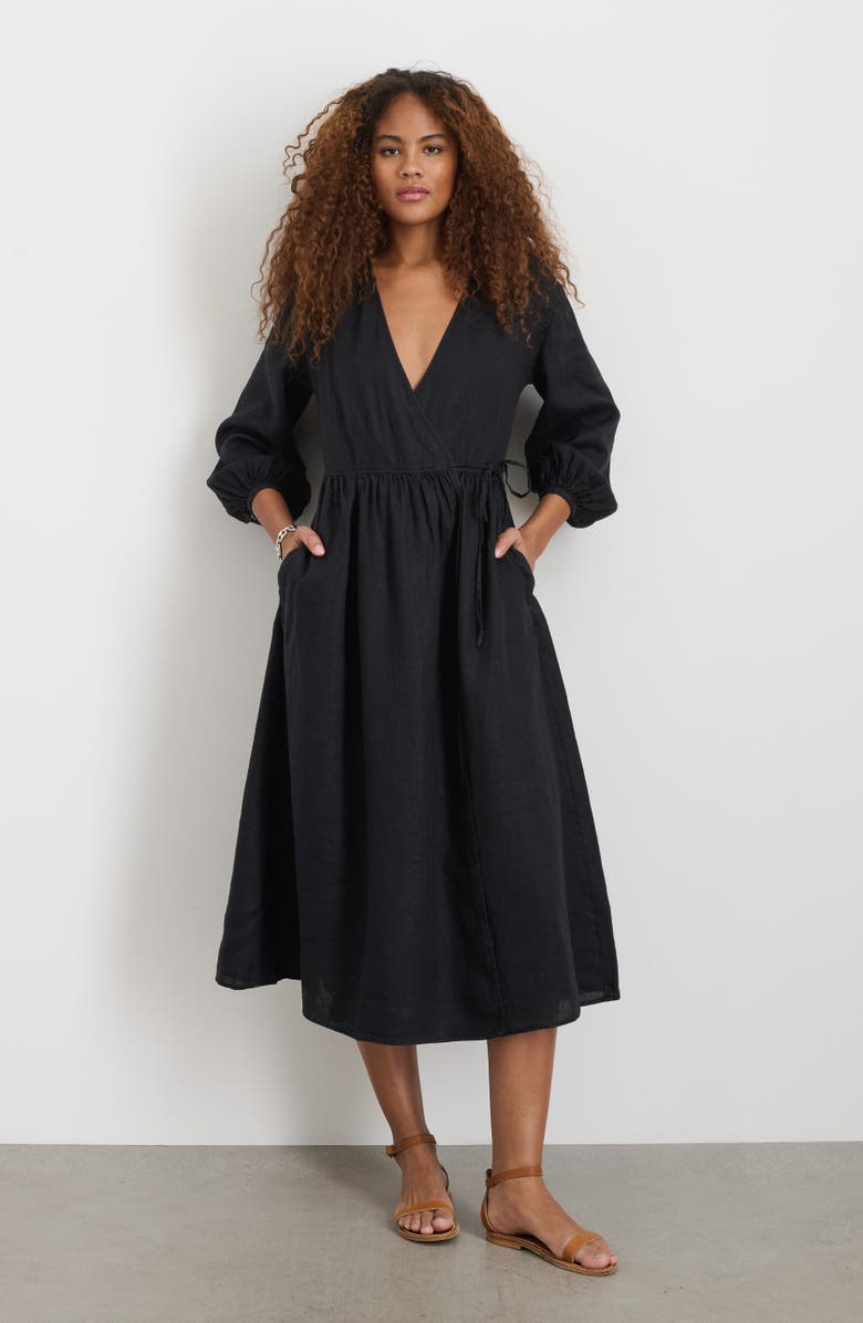 Alex Mill Lauren Long Sleeve Linen Wrap Dress, Alternate, color, Rich Black
