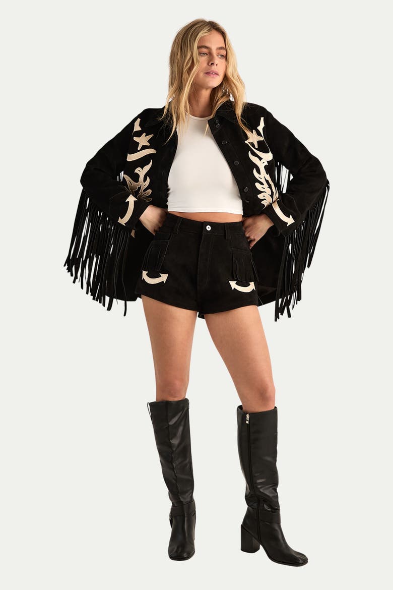 Real Suede Western Embroidered Shorts, Main, color, Black