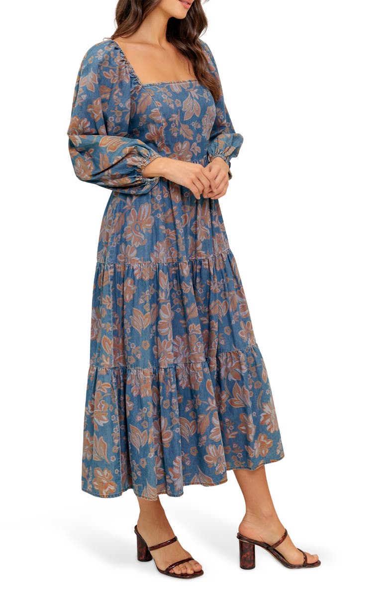 FLYING TOMATO Floral Balloon Sleeve Chambray Midi Dress, Alternate, color, Chambray