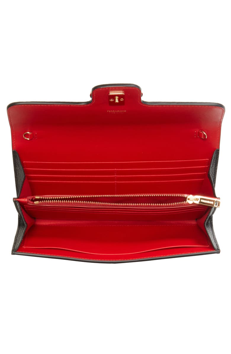 FERRAGAMO Gancio Grained Leather Wallet on a Chain, Alternate, color, Nero/ Flame Red