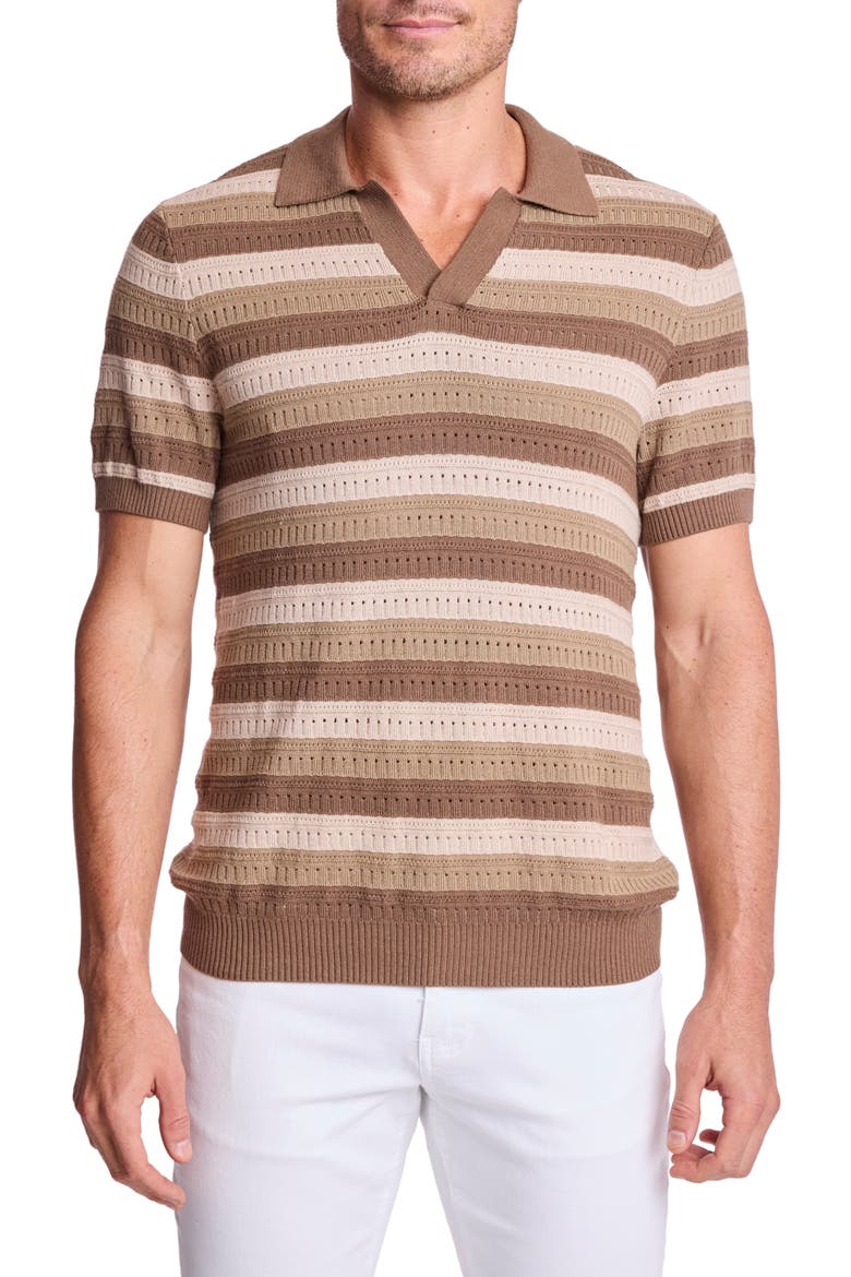 Trim Fit Johnny Collar Stripe Knit Polo, Main, color, MAPLE OATMEAL
