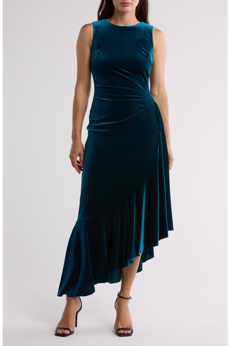 Sleeveless Ruffle Hem Velvet Midi Dress, Main, color, PEA