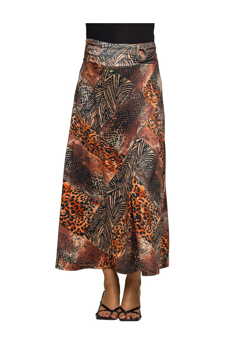 24seven Comfort Apparel Animal Patchwork Print Maxi Skirt, Main, color, Brown Multi