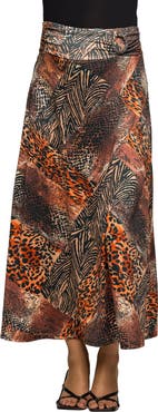 24seven Comfort Apparel Animal Patchwork Print Maxi Skirt