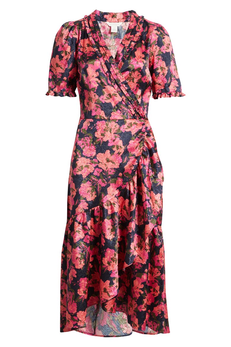 Floral Satin Jacquard Faux Wrap Dress, Alternate, color, NAVY STILL LOLA ROSE
