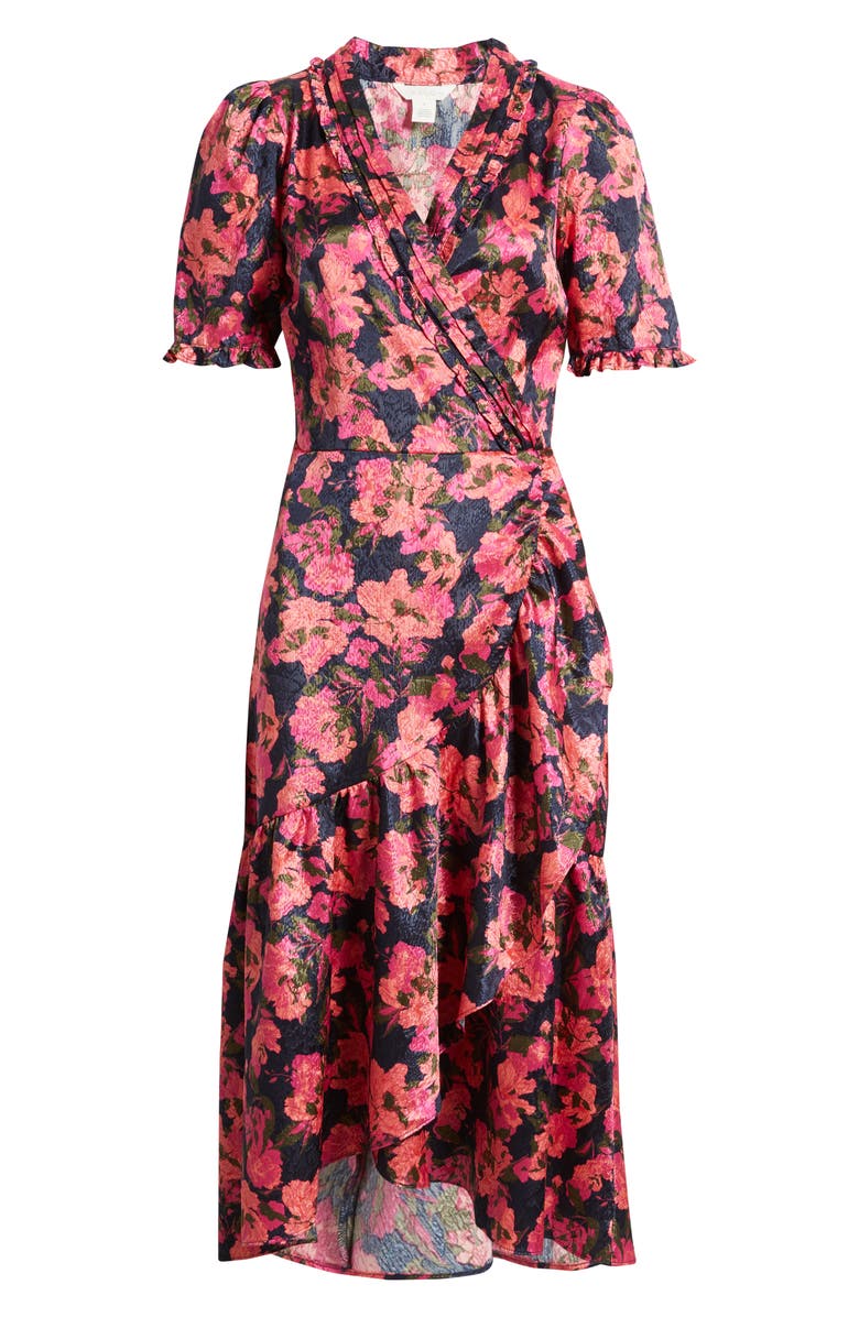Caslon<sup>®</sup> Floral Satin Jacquard Faux Wrap Dress, Alternate, color, Navy Still Lola Rose