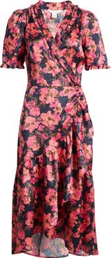 Caslon® Floral Satin Jacquard Faux Wrap Dress