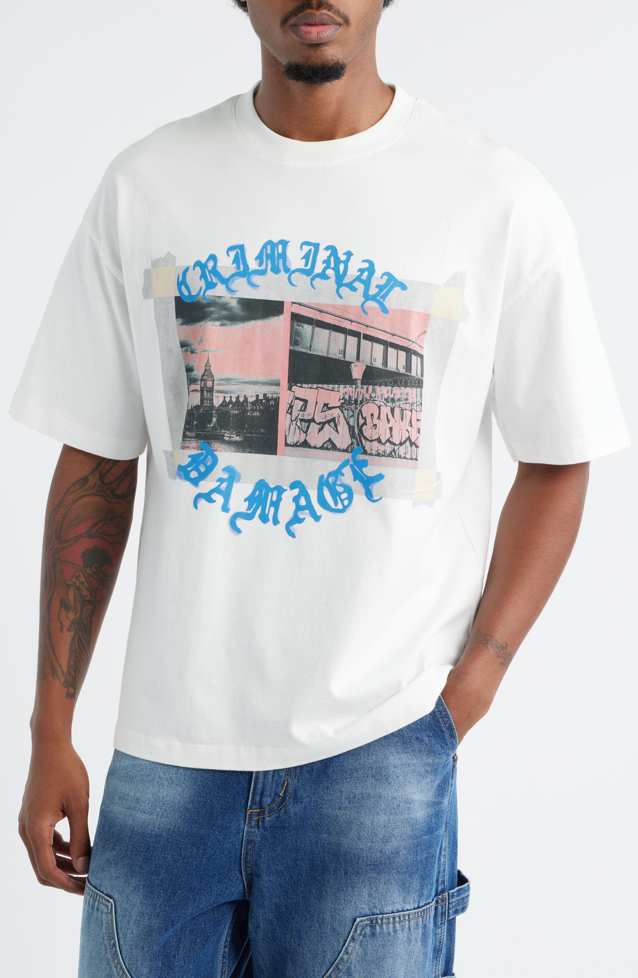 CRIMINAL DAMAGE Cut & Paste Graphic T-Shirt in Off White 