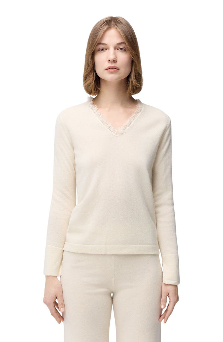 GOBI Mongolian Cashmere Fringed V-Neck Cashmere Sweater, Alternate, color, Off White