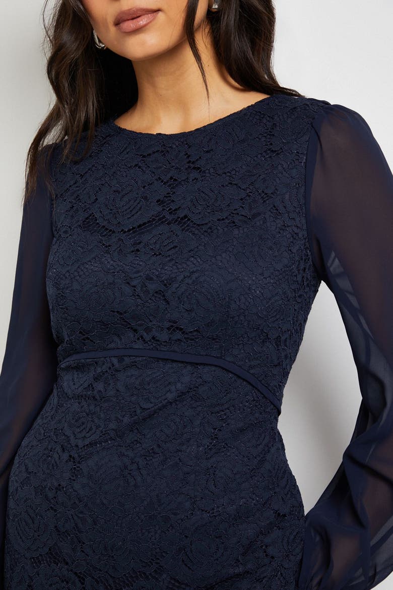 Lace Chiffon Cowl Back Pencil Dress, Alternate, color, Navy