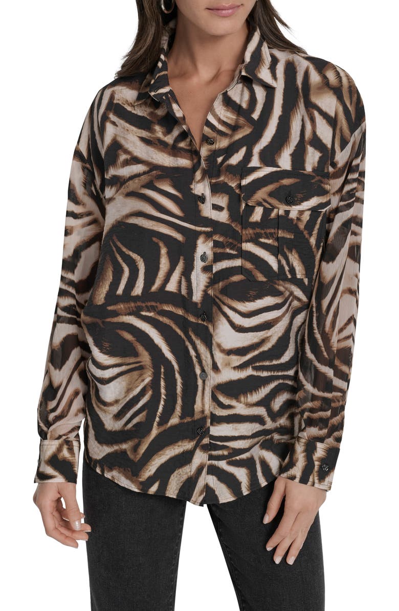DKNY Printed Rumple Button-Up Shirt, Main, color, Black/ Brown Blurred Print
