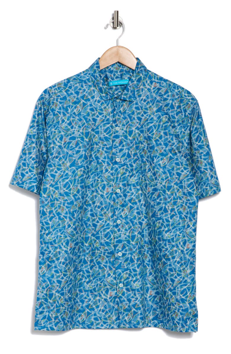 Tori Richard Fish Finder Short Sleeve Cotton Button-Up Shirt, Alternate, color, Surf