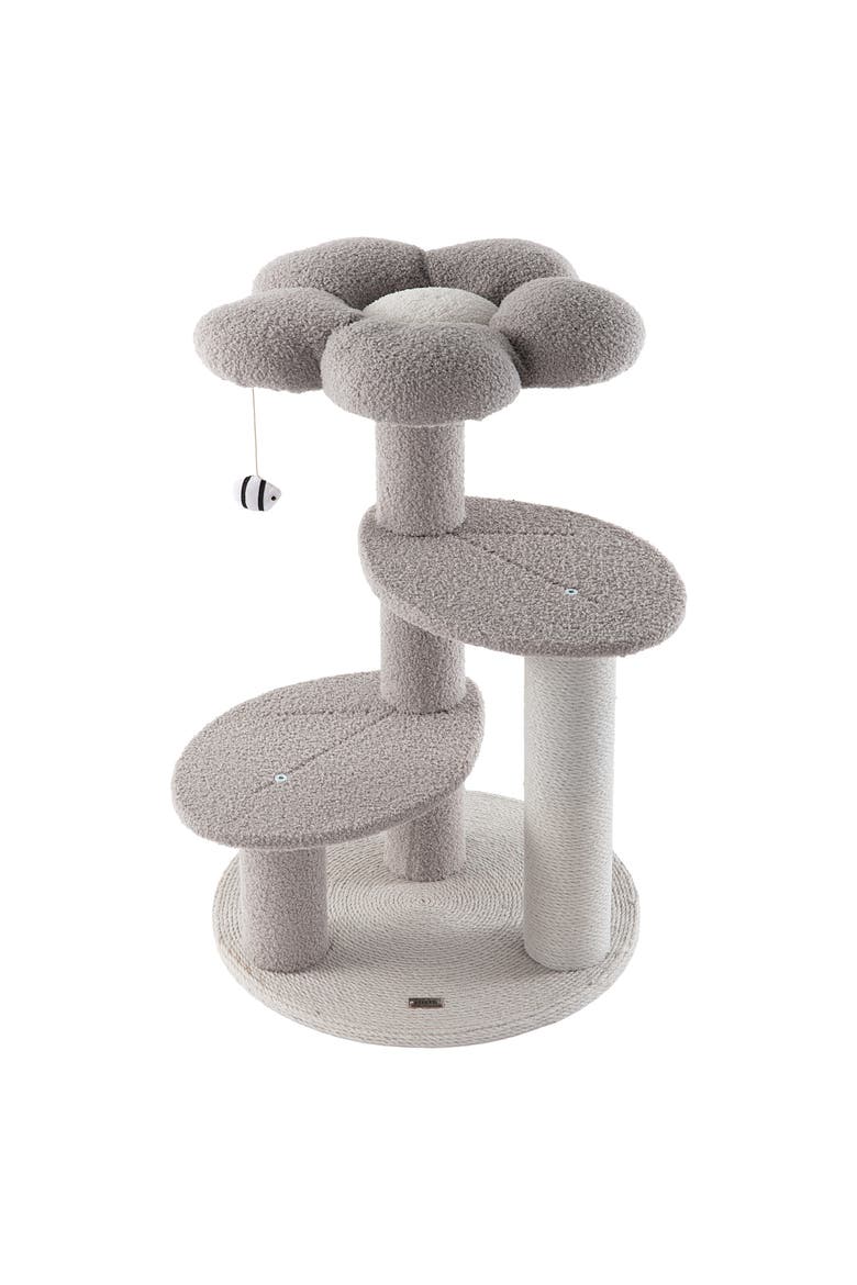 Poppy 3-Tier Modern Jute Flower Cat Tree with Dangling Toy, Alternate, color, Grey/White