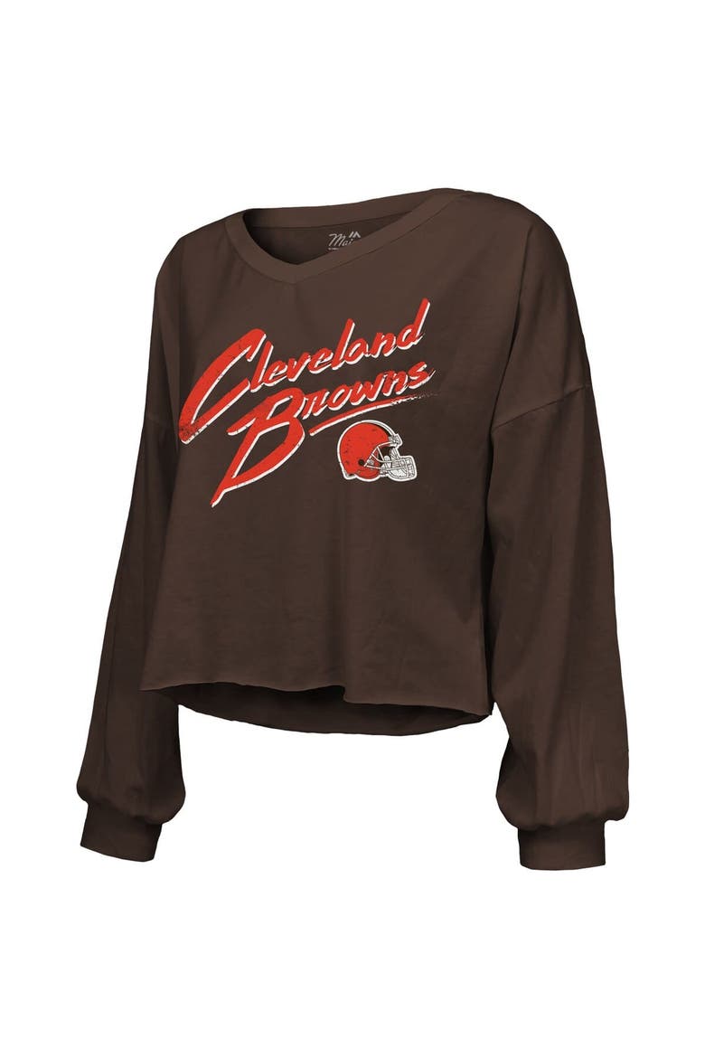 Women's Majestic Threads Shedeur Sanders Brown Cleveland Browns Name & Number Off-Shoulder Script Cropped Long Sleeve Relaxed V-Neck T-Shirt, Alternate, color, Brown