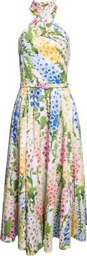 Oscar de la Renta Foxglove Belted Stretch Cotton Poplin Halter Dress