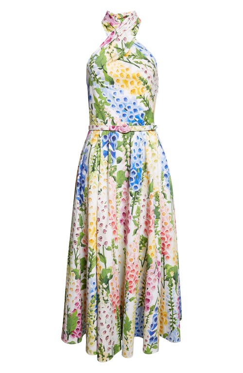 Oscar De La Renta Foxglove Belted Stretch Cotton Poplin Halter Dress In Multi