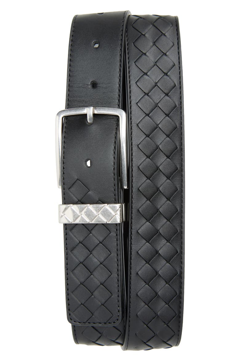 Intrecciato Leather Belt, Main, color, 8803 BLACK/ SILVER