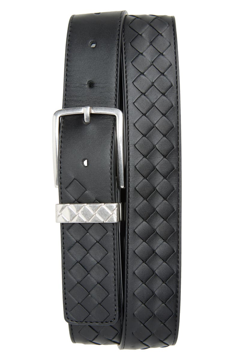 Bottega Veneta Intrecciato Leather Belt, Main, color, 8803 Black/ Silver
