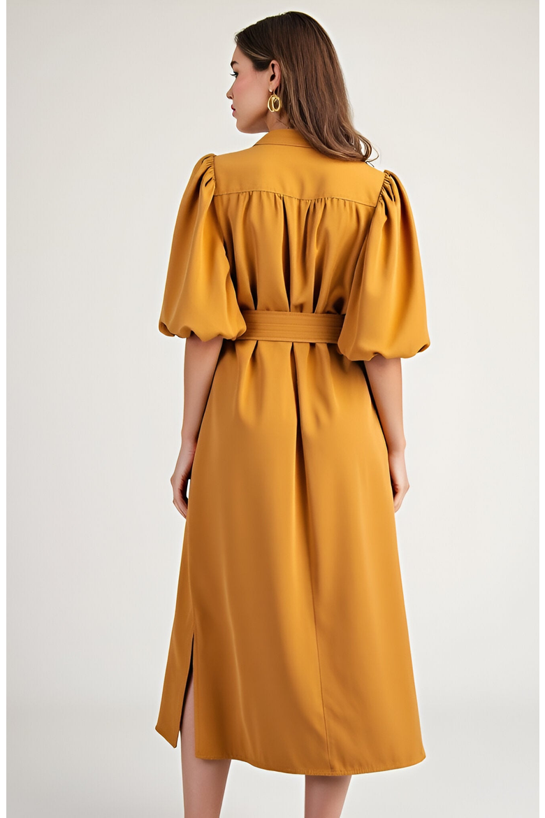 Puff Sleeve Midi Dress with Belt, Alternate, color, Black