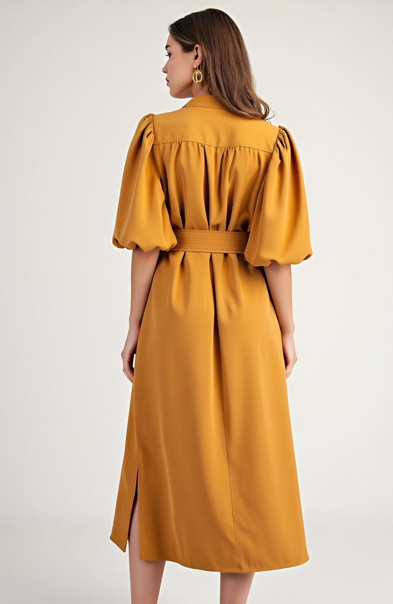 Modenaire Puff Sleeve Midi Dress with Belt, Alternate, color, Black