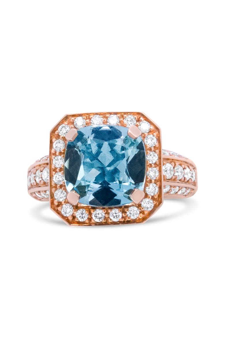 18K Gold Aquamarine & 1 1/8 Cttw Diamond Halo Ring, Main, color, Yellow