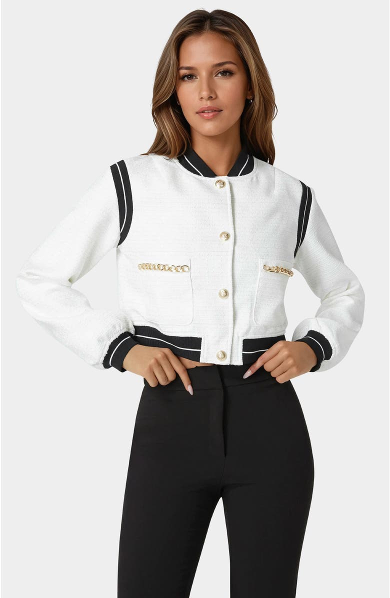 bebe Textured Bomber Jacket, Main, color, White Alyssum