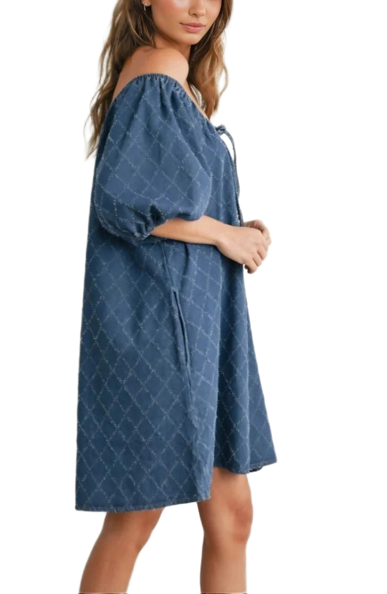 Knit and Lounge Puff Sleeve Tie Neckline Mini Dress, Alternate, color, Denim Blue