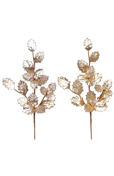 Gilded Holly Spray Stem, Set of 6