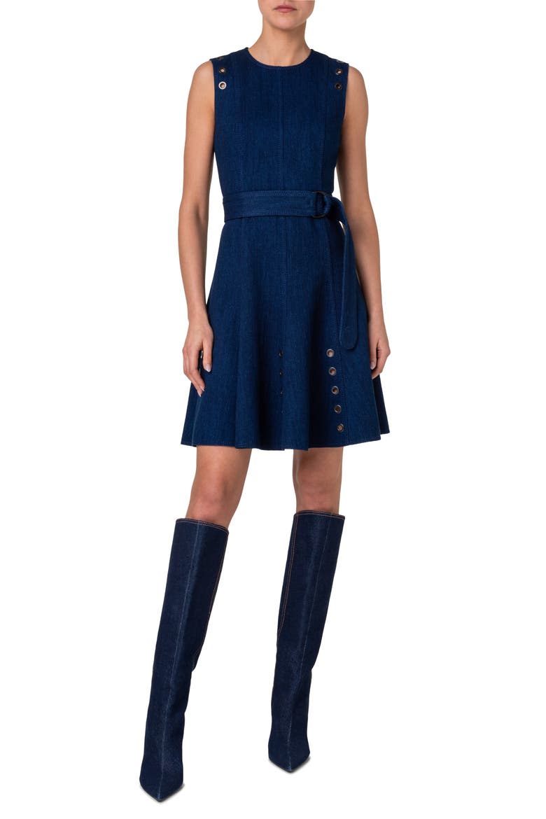 Grommet Detail Belted Stretch Denim Dress, Main, color, INK DENIM