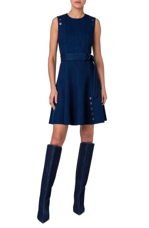 Grommet Detail Belted Stretch Denim Dress