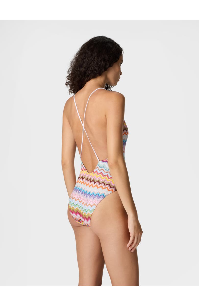 Missoni One-piece Swimsuit In Lamé Viscose With Pixel-effect Zigzag Pattern And V-neckline, Alternate, color, Multicoloured