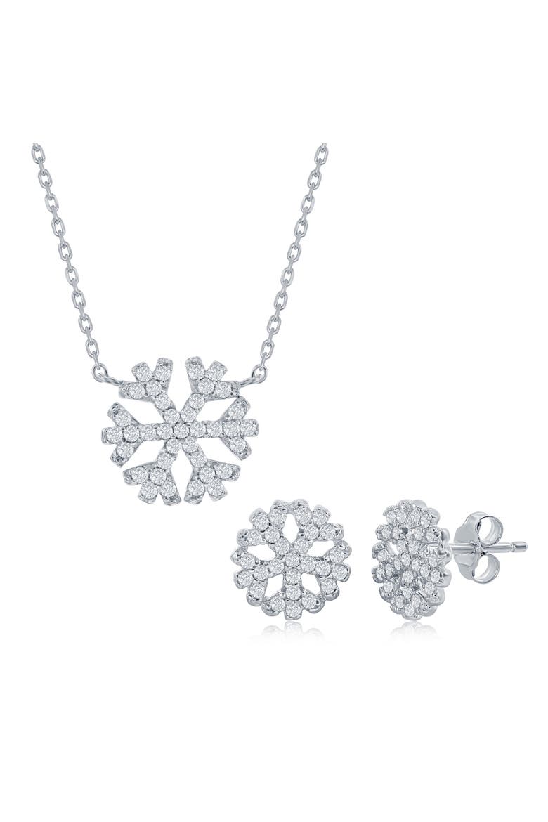 Snowflake Cubic Zirconia Pendant Necklace & Stud Earrings Set, Main, color, SILVER