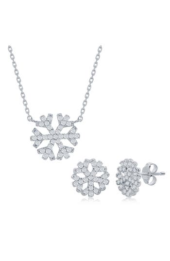 Simona Snowflake Cubic Zirconia Pendant Necklace & Stud Earrings Set In Silver