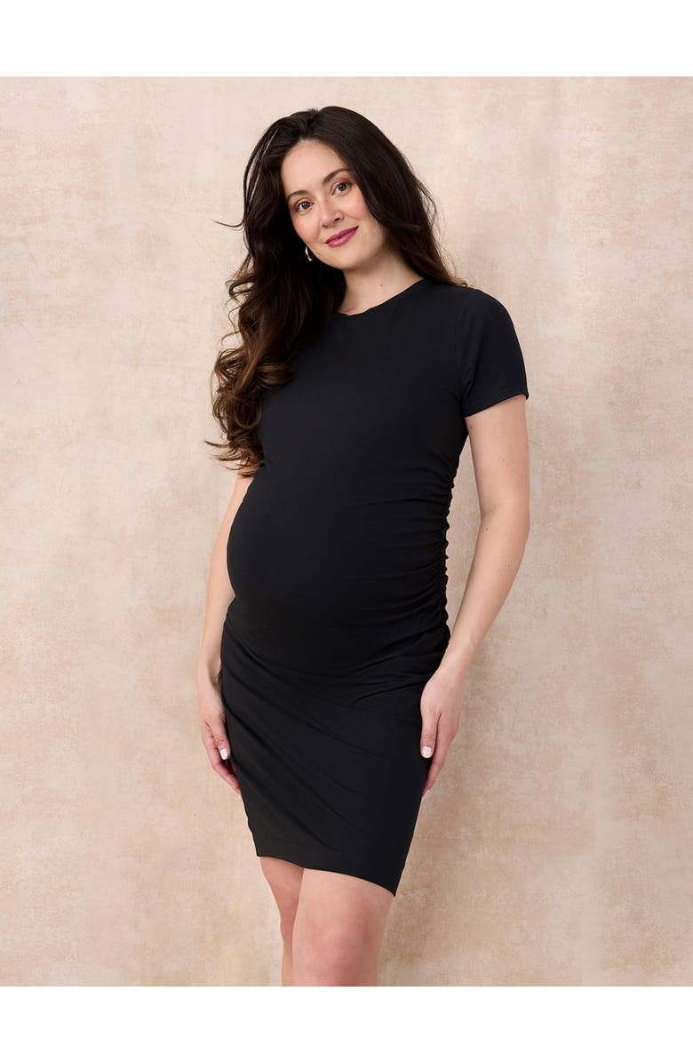 MOTHERHOOD MATERNITY Crewneck Short Sleeve Side Ruched Bodycon Mini Dress, Alternate, color, Black
