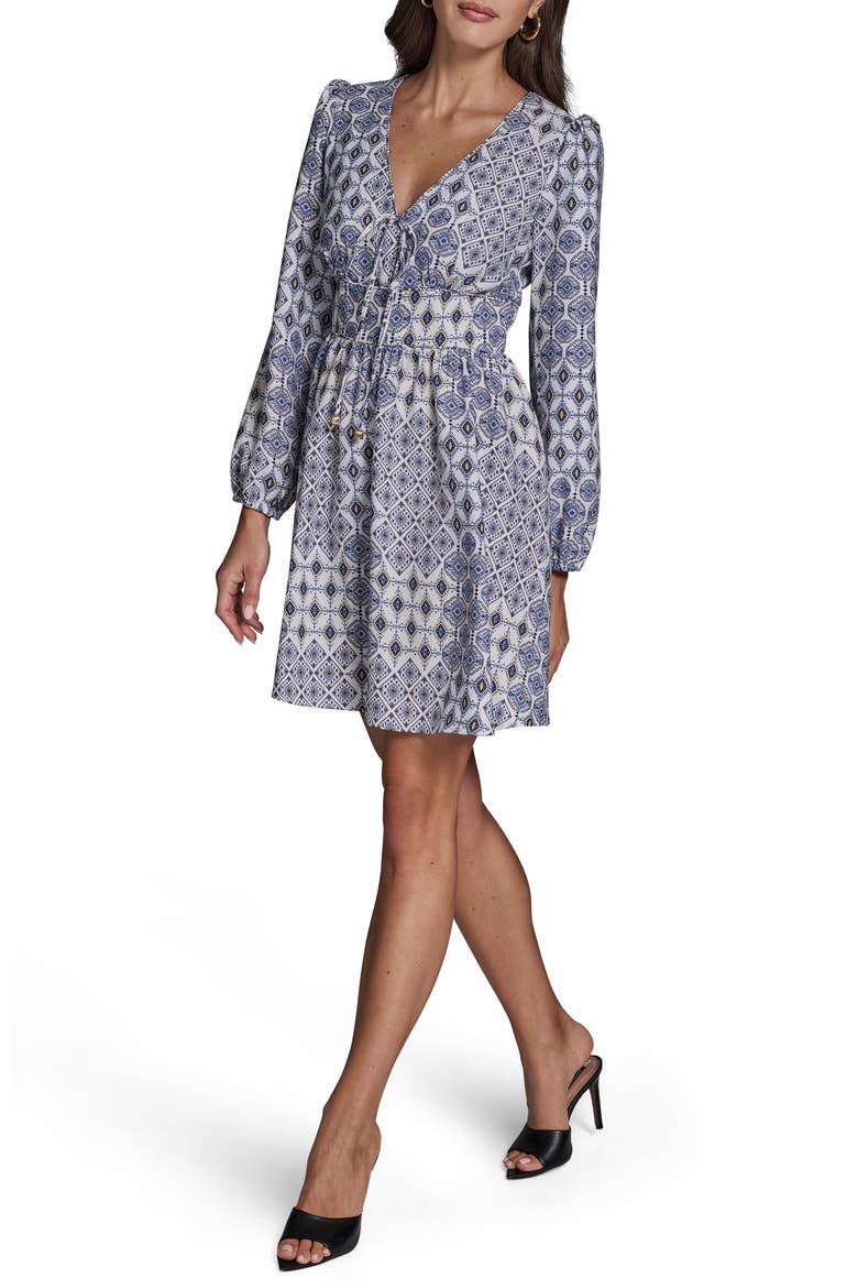 Medallion Print Long Sleeve Crepe Minidress, Main, color, PRINTED CREPE