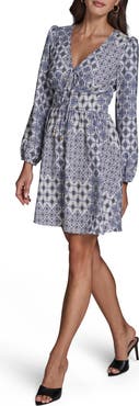 BCBG Medallion Print Long Sleeve Crepe Minidress