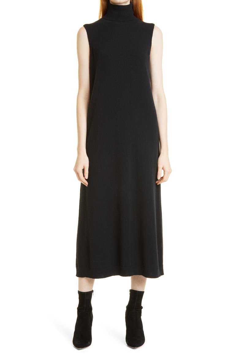 Sleeveless Turtleneck Cashmere Midi Sweater Dress, Main, color, BLACK