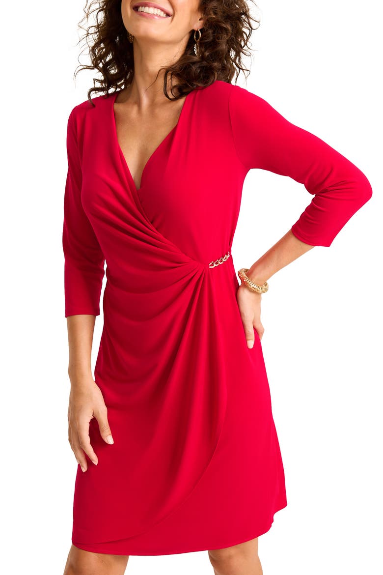 Clara Chain Detail Three-Quarter Sleeve Jersey Wrap Dress, Main, color, TANGO RED