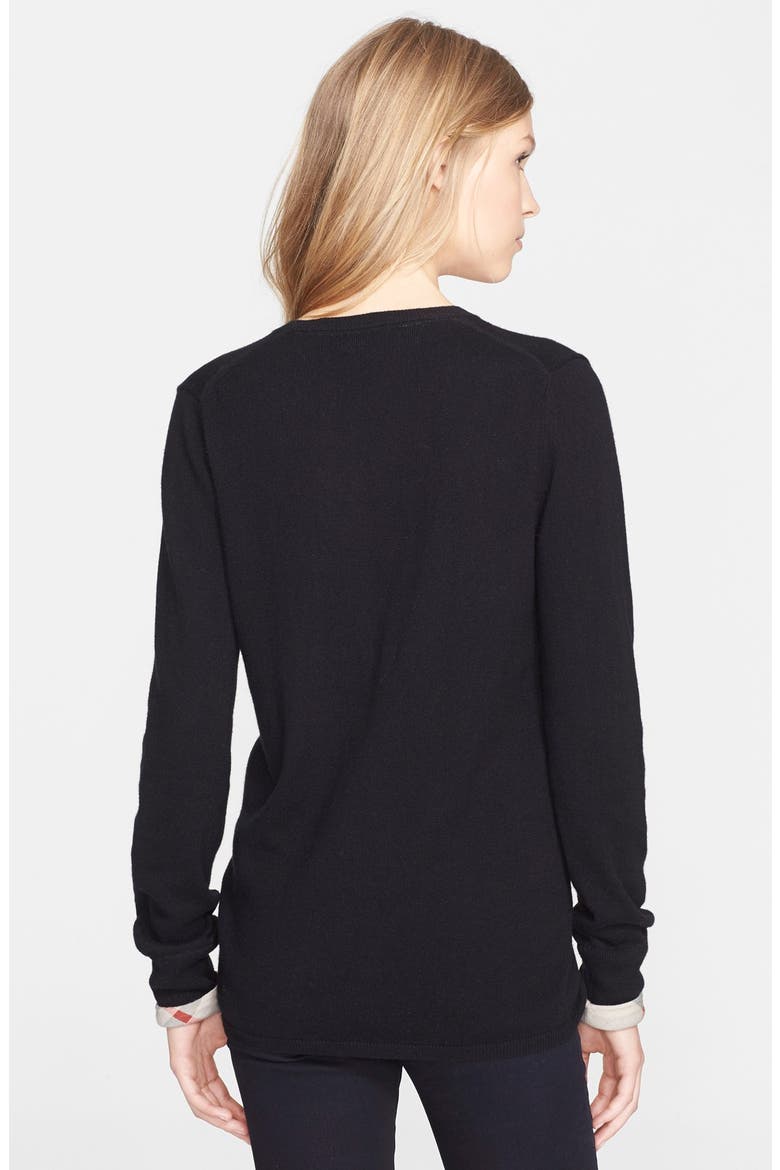 Check Cuff Cashmere & Cotton V-Neck Sweater, Alternate, color, BLACK