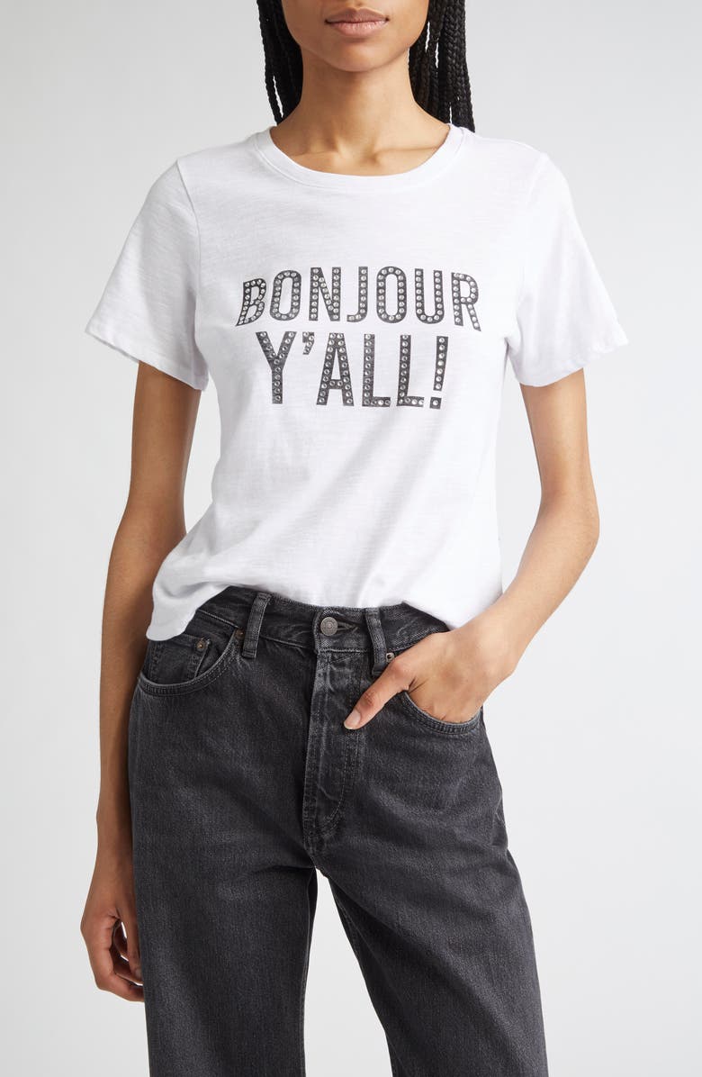 Cinq à Sept Bonjour Yall Embellished Shrunken Cotton T-Shirt, Main, color, 