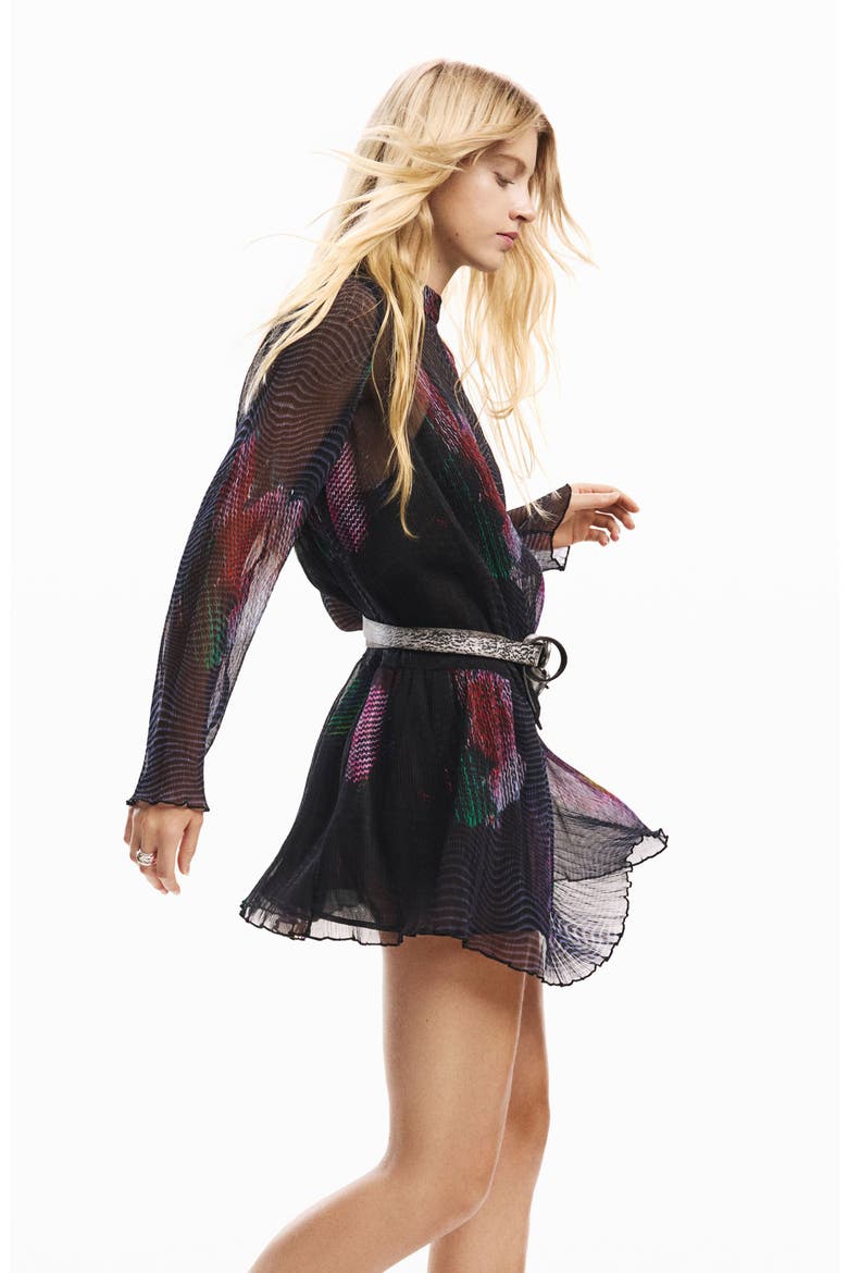 Print Ruffle Hem Long Sleeve Dress, Alternate, color, BLACK