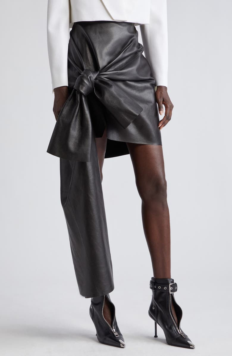 McQueen Knot Drape Lambskin Leather Miniskirt, Main, color, 