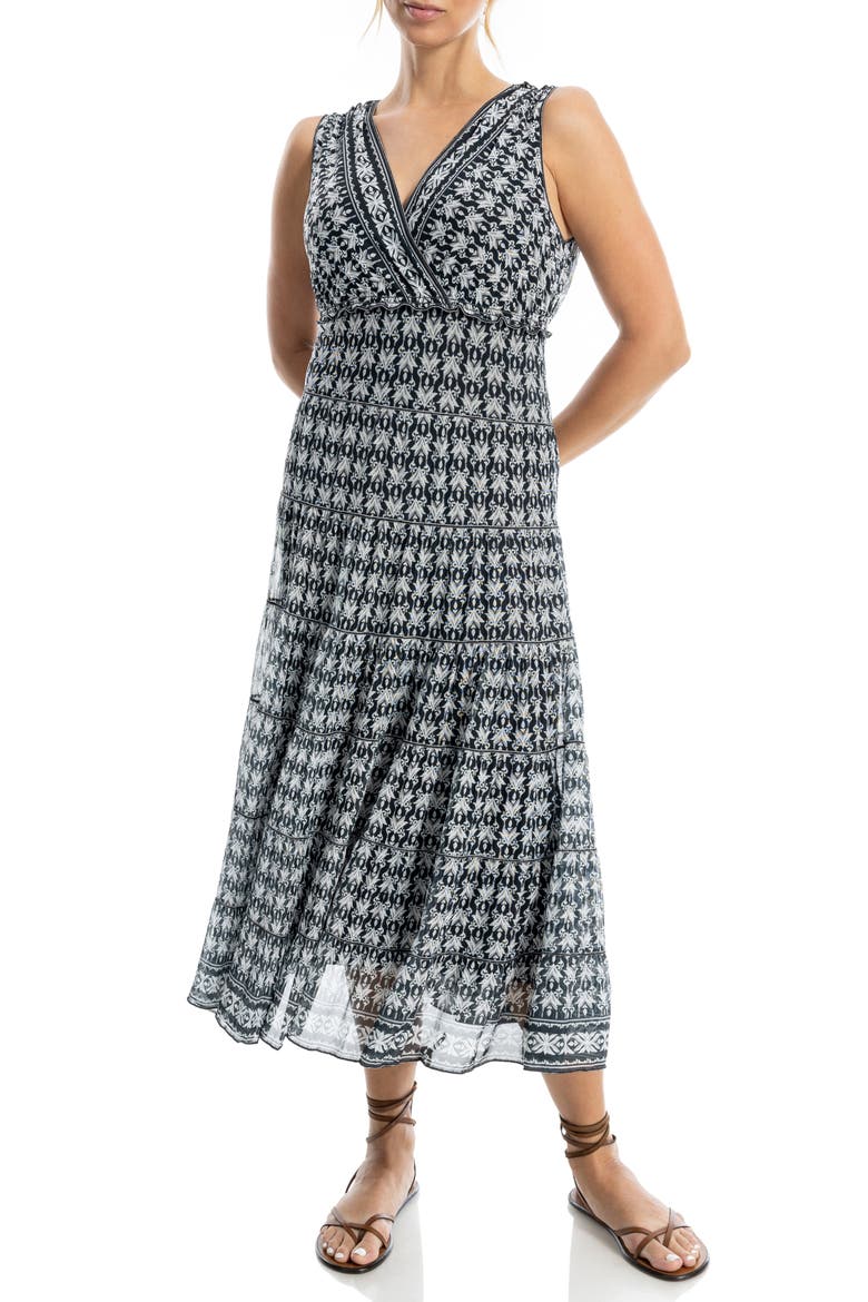 V-Neck Sleeveless Mesh Midi Dress, Alternate, color, BLACK/ CREAM FIRELILLY GEO